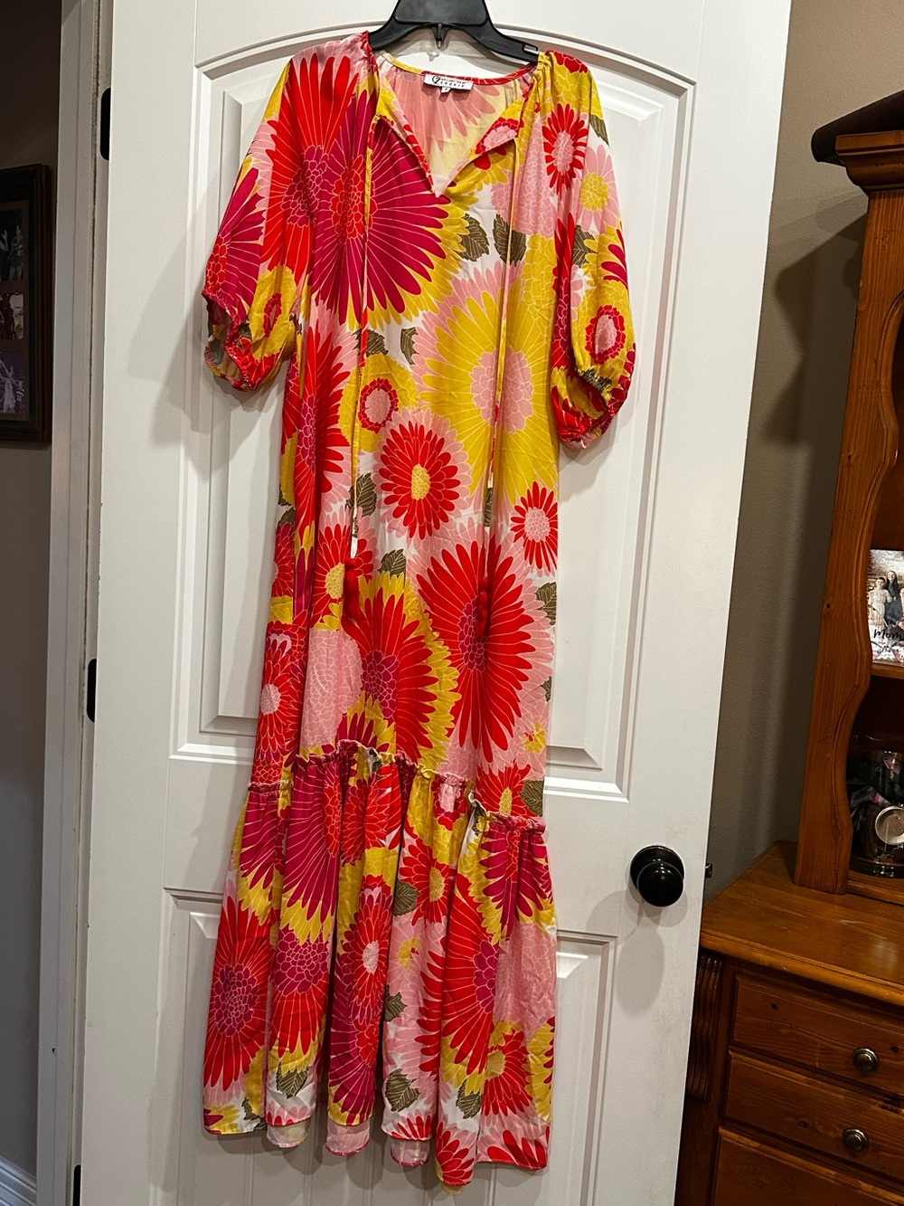 Bright Pink & Yellow Floral Maxi Dress with Puff Sleeves